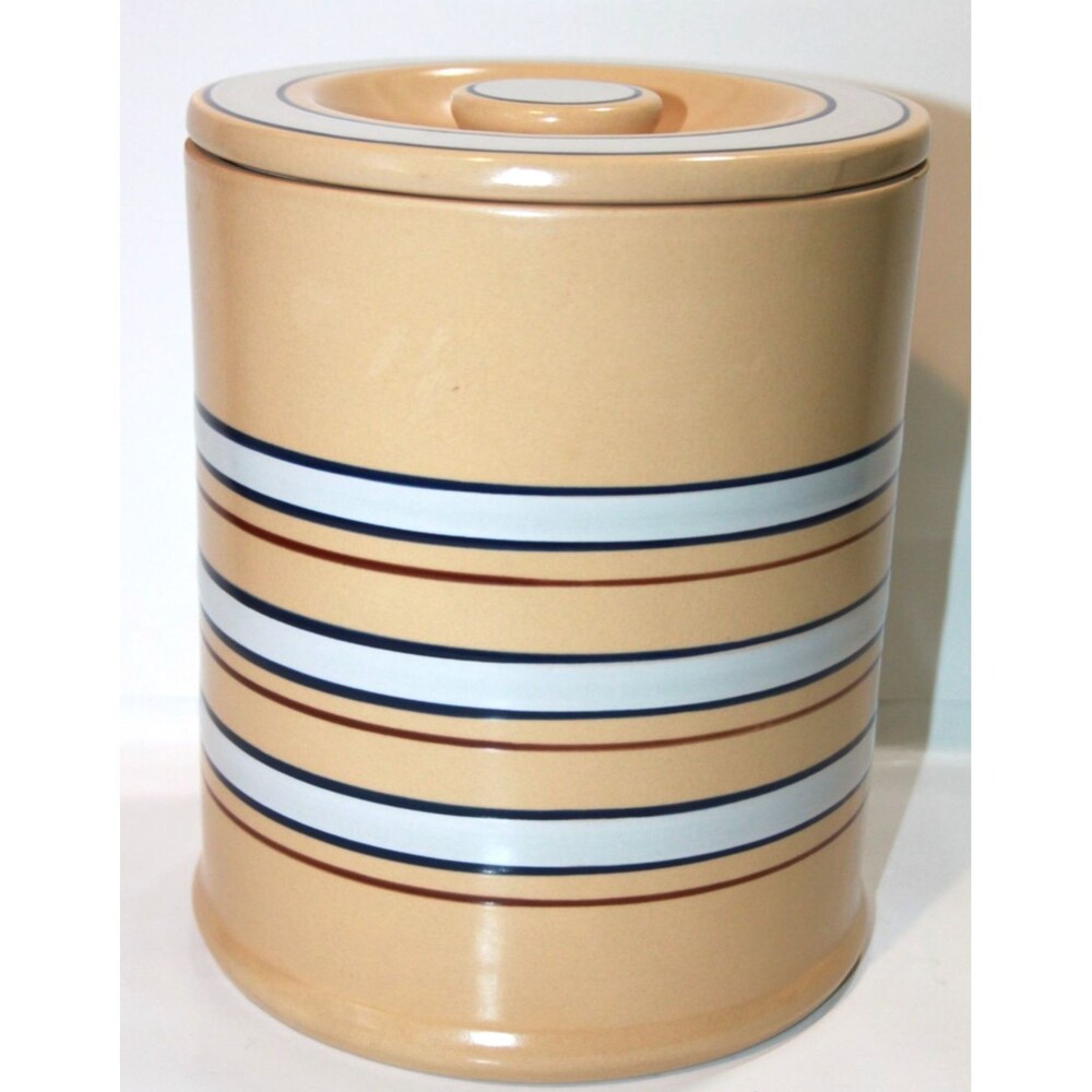 Home Yellow Ware Banded Canister Lid Blue White Stripe Storage Farmhouse 9” - Picture 3 of 9